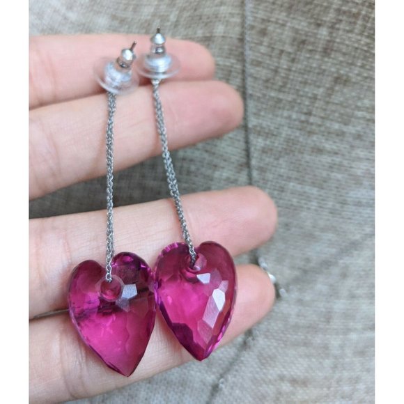 Swarovski Swan Brand Fuchsia Pink Crystal Heart Necklace Earrings Jewelry Set - Picture 9 of 11